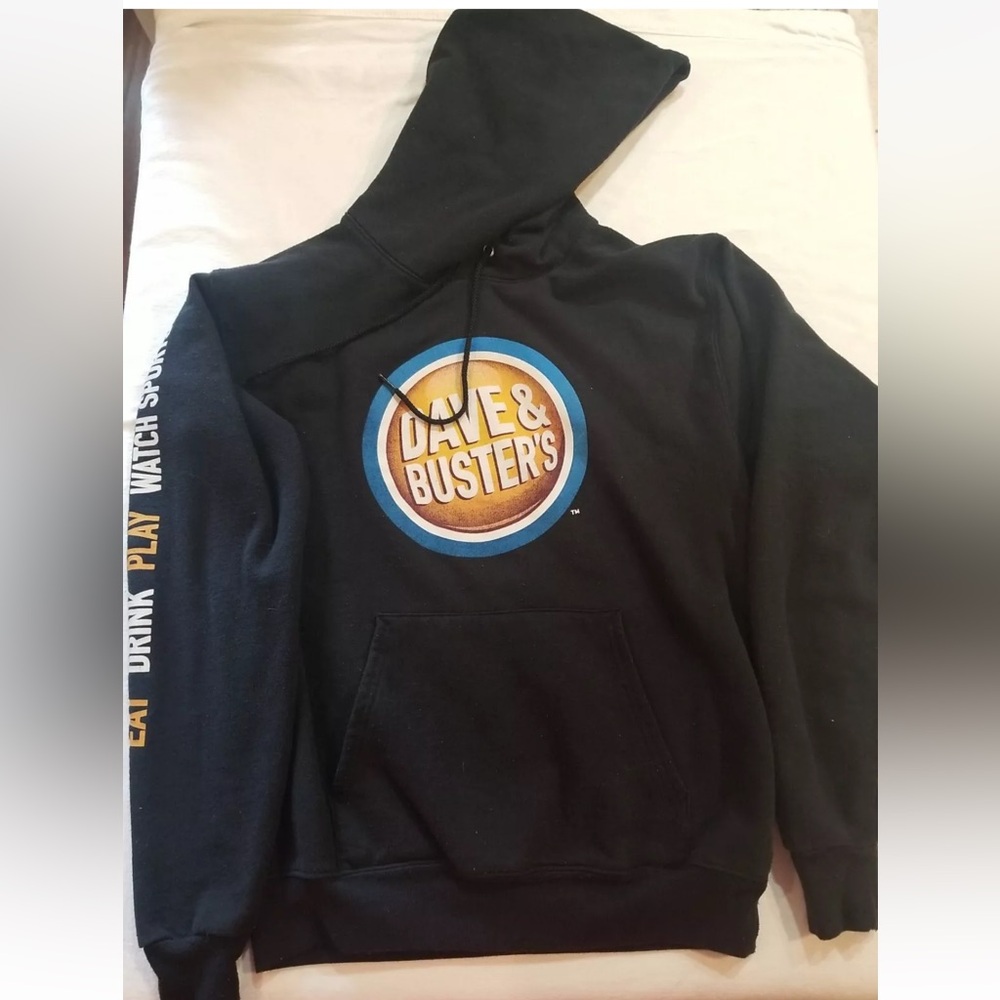 VINTAGE Dave and Busters Black Hoodie PULLOVER WITH DRAWSTRING CLOSURE.